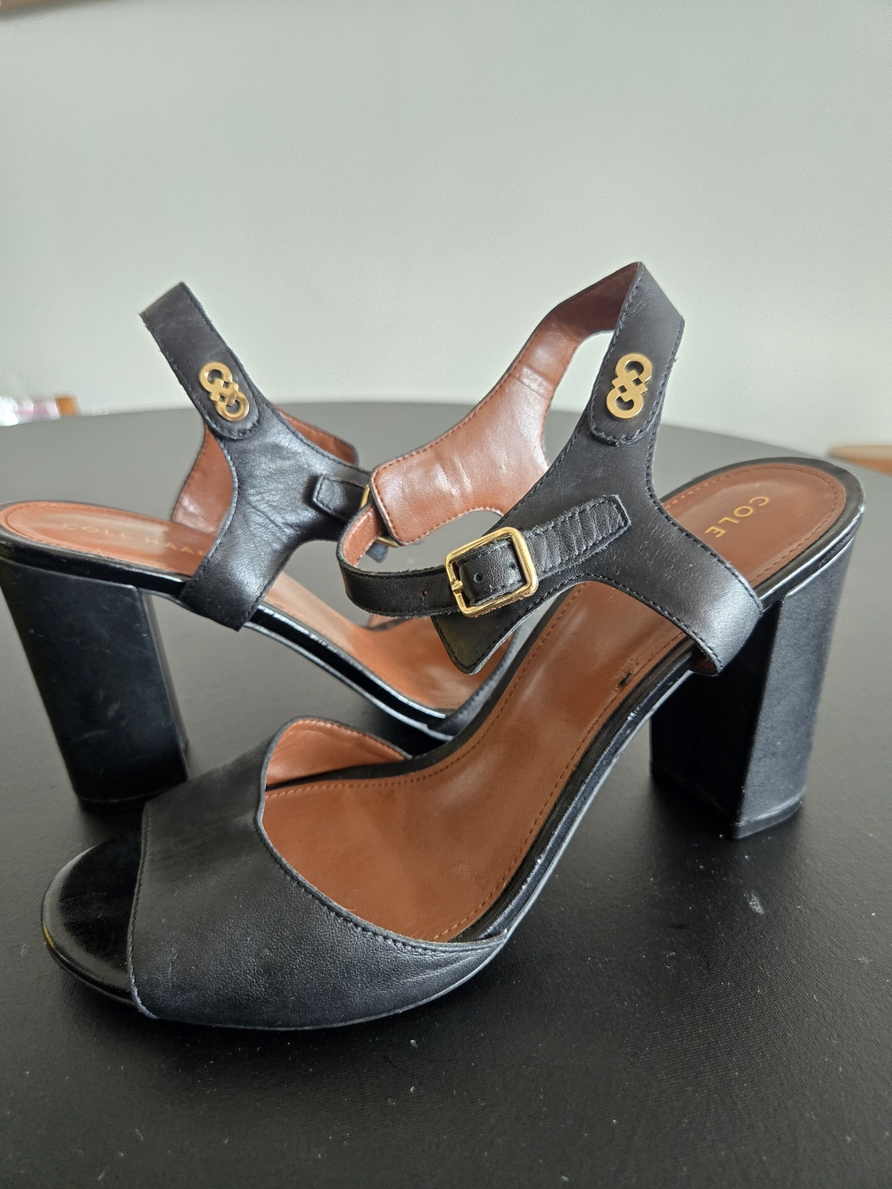 Cole Haan Black Leather Block Heel Sandals Ankle Strap 7